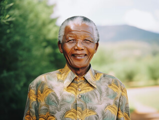 "Nelson Mandela beams with joy and hope in portrait celebrating his release from prison."