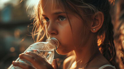 little cute girl close-up drinking water from a plastic bottle on a hot evening during the sunset, the image conveys the thirst of the girl and the heat outside