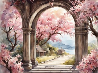 Watercolor old archway gate in springtime with pink cherry blossom landscape painting wallpaper
