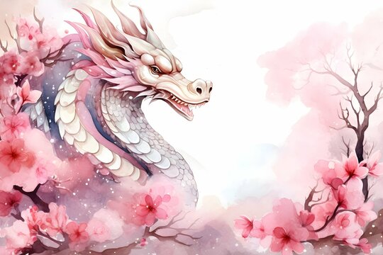 Watercolor dragon in the pink sakura cherry blossom background painting Chinese new year concept