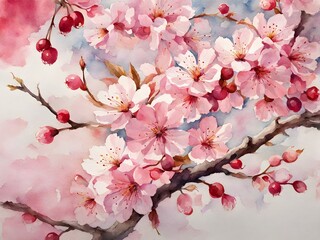 Watercolor artistic cherry blossom flower blooming branch hand painting background graphic wallpaper