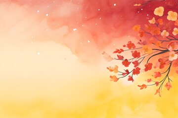 Watercolor red yellow flower branch on frame border with empty space for decoration background
