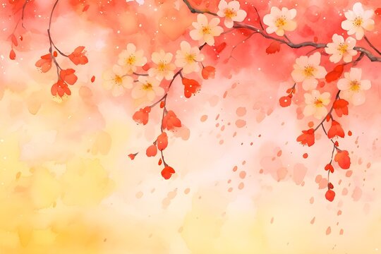 Watercolor vibrant yellow apricot flower branch and petal frame banner design decoration background