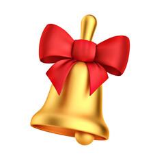 Golden bell with red bow isolated on white. 3D rendering with clipping path