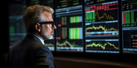 A financial manager stands in front of digital stock market charts