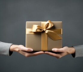 Businessman hands holding gift box with golden ribbon on dark background. Generative AI.