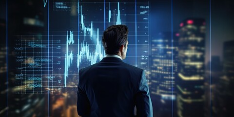 Well-dressed man is standing in front of a large stock chart screens and monitoring the market.