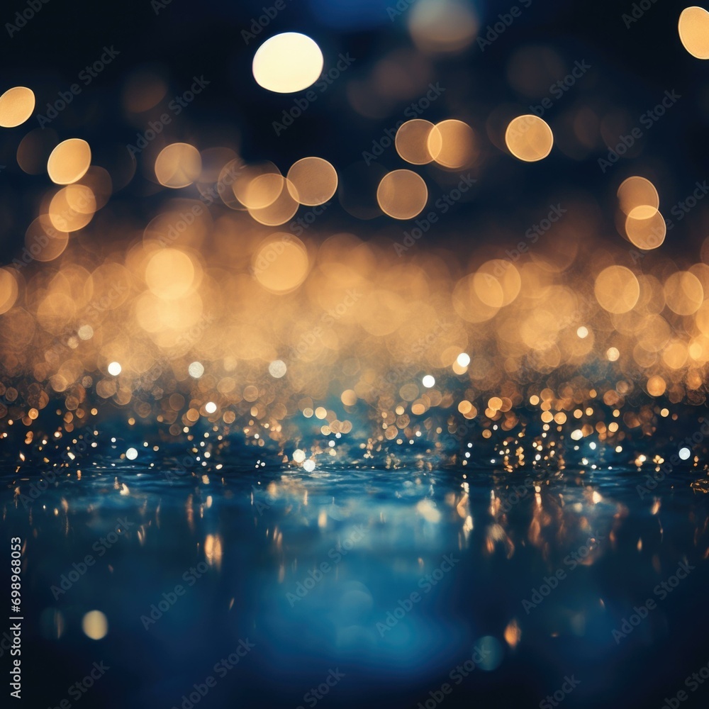 Poster golden lights on the water with bokeh effect. generative ai.