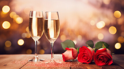 Valentine's Day, wedding, birthday celebration holiday greeting card banner concept - Clinking glasses, sparkling wine or champagne glasses and red roses on table with bokeh lights in the background 