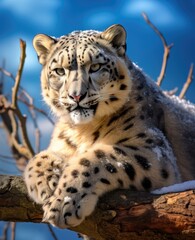 A snow leopard is sitting on a branch. Generative AI.