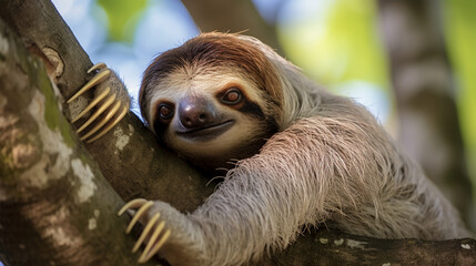 Fototapeta premium Wild sloth hanging on tree with funny face and relaxed look, AI Generative.