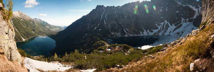 Panorama z Czarnym stawem pod Rysami i Morskim Okiem w Tatrach Wysokich.
