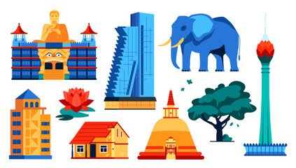 Sights of Sri Lanka - flat design style objects set. High quality images of Dambulla Golden Temple, White Dagoba, Colombo Lotus Tower, elephant, water lily flower, urban apartments, Asia idea - obrazy, fototapety, plakaty