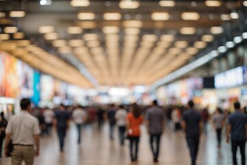 Abstract blur people in trade show expo background, business and industrial concept