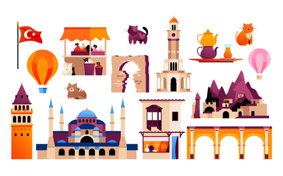 Sights of Turkish Cities - flat design style objects set. High quality colorful images of Hagia Sophia Grand Mosque, Valley of the Witch Trumpets, Arched gates of Side, Saat Kulesi clock tower