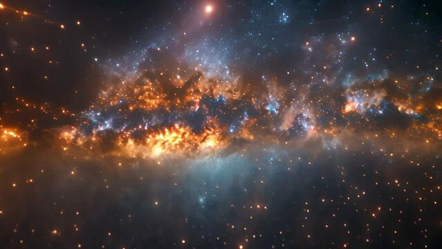 Seamless loop galaxy exploration through outer space towards glowing milky way galaxy. 4K looping animation of flying through glowing nebulae, clouds and stars field. Magical sparkling stars beauty