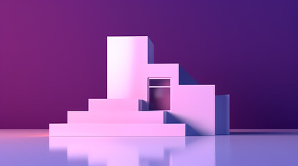 Abstract minimalist architectural model isolated on purple gradient background