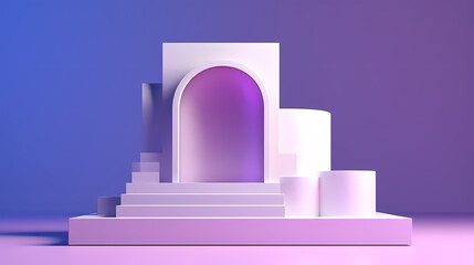 Abstract minimalist architectural model isolated on purple gradient background