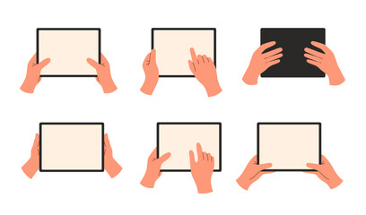 Set of hands holding tablets isolated on white background. - obrazy, fototapety, plakaty