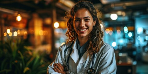 Fototapeta na wymiar Smiling female doctor looking at camera and hands crossed Strong multi-ethnic professionals ready to handle
