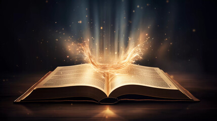 an open book and glowing light coming from it 