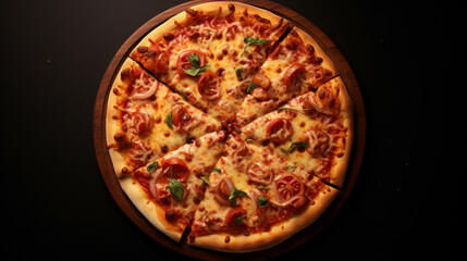 A pizza on a black background, top view