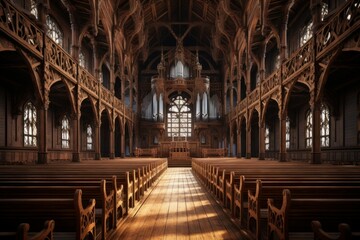Fototapeta na wymiar Opulent Wooden interior cathedral. Culture tourism. Generate Ai