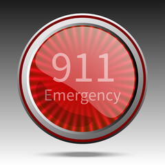 911 emergency button, Vector icon Red silver metallic web buttons. 911 call center.