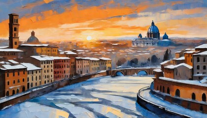 Obraz premium art oli paint style lanscape that town in winter and sunset at Rome