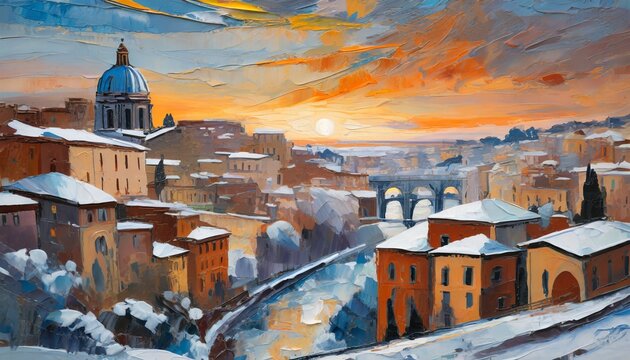 art oli paint style lanscape that town in winter and sunset at Rome