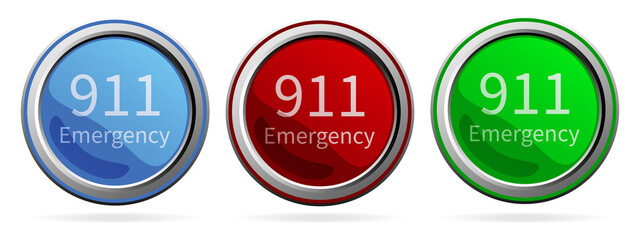 Number emergency 911 vector icon set. Blue, Red and Green silver metallic web buttons. 911 call center. 