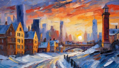 art oli paint style lanscape that town in winter and sunset