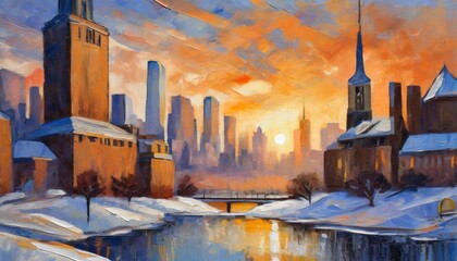 art oli paint style lanscape that town in winter and sunset