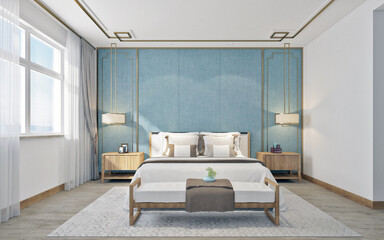 3d render. Modern hotel room interior scene.