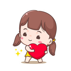Cute girl holding love heart cartoon character. People expression concept design. adorable chibi vector style. Isolated white background