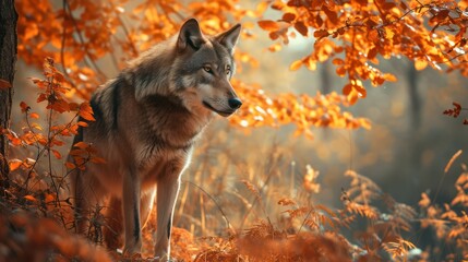 Close-up photograph of a wolf in the autumn forest. Wildlife background.
