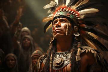 Portrait of a Man dressed like Moctezuma the historic aztec general - obrazy, fototapety, plakaty