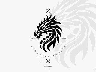 dragon logo vector illustration, detailed and bold with a black and white silhouette