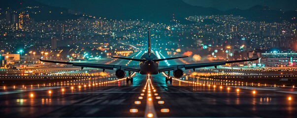 avion de ligne en début de piste, vu depuis l'arrière, prêt au décollage. de nuit
