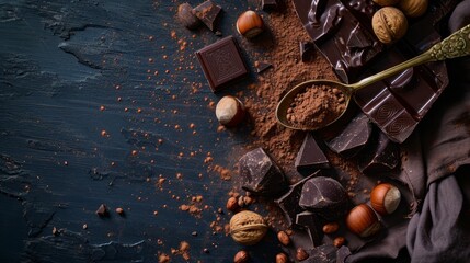 Handmade chocolate with hazelnuts, dark chocolate pieces, cocoa in a vintage spoon, chocolate truffles on a dark wooden background top view. Chocolate variety concept - obrazy, fototapety, plakaty