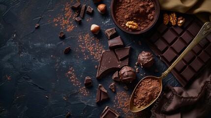 Handmade chocolate with hazelnuts, dark chocolate pieces, cocoa in a vintage spoon, chocolate truffles on a dark wooden background top view. Chocolate variety concept - Powered by Adobe