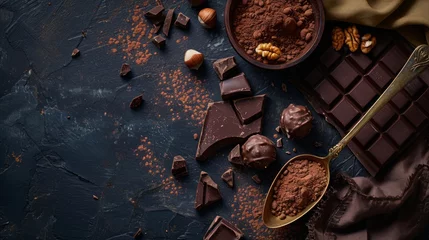 Poster Handmade chocolate with hazelnuts, dark chocolate pieces, cocoa in a vintage spoon, chocolate truffles on a dark wooden background top view. Chocolate variety concept © ND STOCK