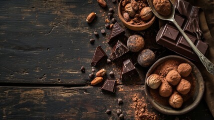 Handmade chocolate with hazelnuts, dark chocolate pieces, cocoa in a vintage spoon, chocolate truffles on a dark wooden background top view. Chocolate variety concept - obrazy, fototapety, plakaty