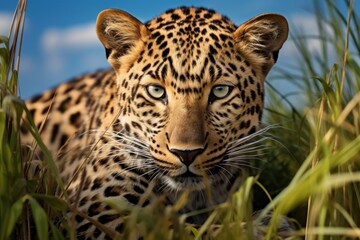 Obraz premium Elusive Leopard field grass animal. Carnivore predator. Generate Ai