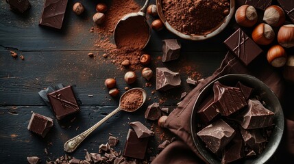 Handmade chocolate with hazelnuts, dark chocolate pieces, cocoa in a vintage spoon, chocolate truffles on a dark wooden background top view. Chocolate variety concept