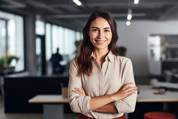 Portrait of successful and happy businesswoman, office worker smiling and looking at camera with crossed arms, working inside modern office.