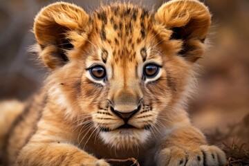 Small Lion cub. Young mammal leo. Generate Ai