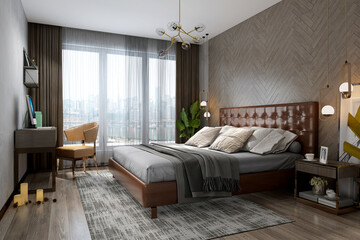 3d render. Modern hotel room interior scene.