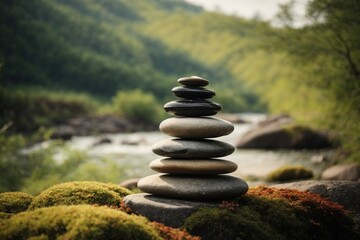 Fototapeta na wymiar Stacked stones on the background of a mountain river. Zen concept