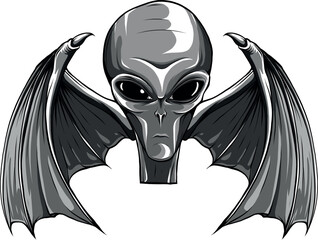 monochromatic alien head with bat wing on white background